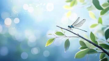 A beautiful dragonfly rests on a branch amidst the foliage photo
