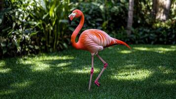 A beautiful flamingo stands on a vibrant green grassy area photo