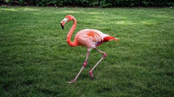 A single flamingo walking slowly on lush green grassy ground photo
