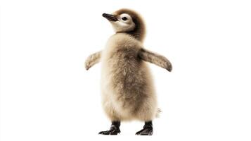 A fluffy young penguin bird is standing on a white background photo