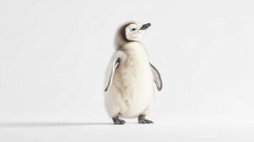 A fluffy adorable baby penguin standing on a plain white surface photo