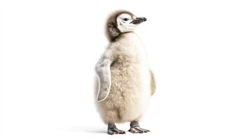 A fluffy and curious young penguin bird standing on white backdrop photo