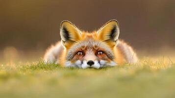 A beautiful fox resting in the grass in the sunlight photo