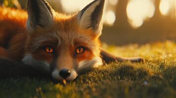 A majestic fox with captivating eyes resting on green grass photo