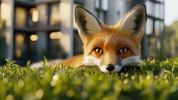 A close up image of a fox resting in the grass photo