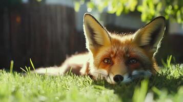 A beautiful fox is resting quietly on the green grass photo