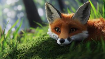 A curious fox resting within tall grass and vibrant foliage photo