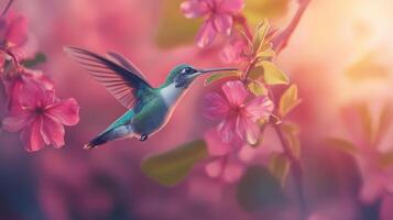 A hummingbird flies near pink blossoms in a beautiful natural setting photo