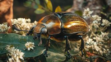 A shiny beetle rests amidst foliage and small white flowers photo
