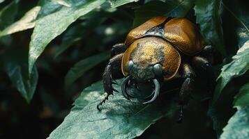 A detailed macro view of a large insect on green leaves photo