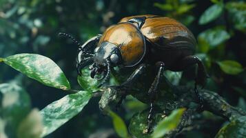 A detailed image of a beetle sitting on a green leaf photo