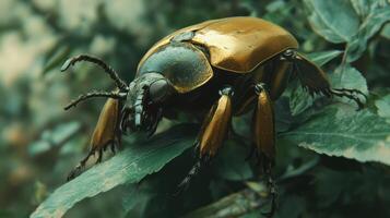 The golden beetle with prominent features perched on green leaves photo