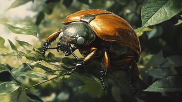 A detailed close up of a large colorful beetle on a leaf photo