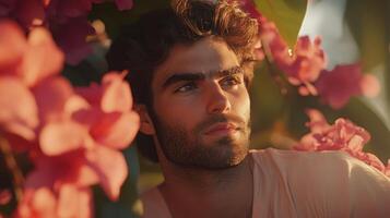 A handsome man poses in nature with flowers surrounding him photo