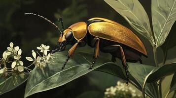 A detailed illustration of a golden beetle on green leaves photo