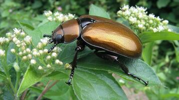 A large shiny beetle resting on a green leafy plant photo