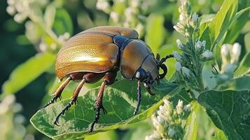 A shimmering golden beetle resting upon vibrant green leaves photo