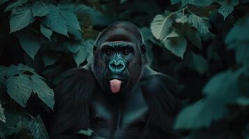 A primate with its tongue sticking out surrounded by foliage photo