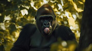 A large primate sticks its tongue out playfully for the viewer photo