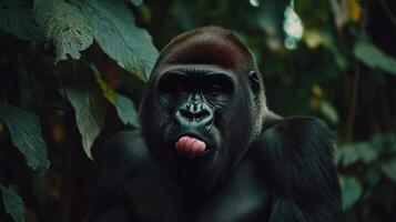 A gorilla sticking out its tongue against a lush background photo