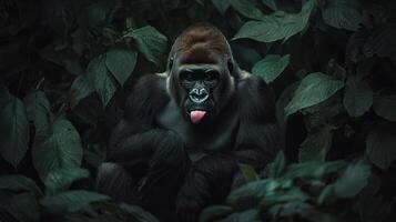 A large gorilla sitting with his tongue sticking out playfully photo