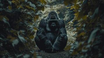 A large gorilla seated in the forest looking directly forward photo