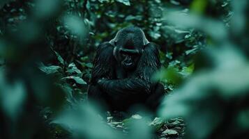 A large gorilla sits quietly within lush forest foliage photo