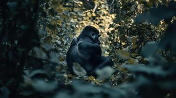 A gorilla sits alone and contemplates within lush forest foliage photo
