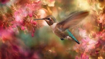 A hummingbird hovers near pink flowers in soft focus and color photo