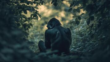 A large gorilla sits quietly amidst surrounding natural forest foliage photo