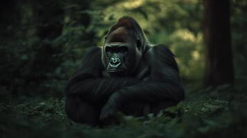 A large gorilla is sitting calmly in a dense forest setting photo