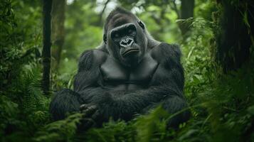 A majestic gorilla sits calmly within a lush green forest photo