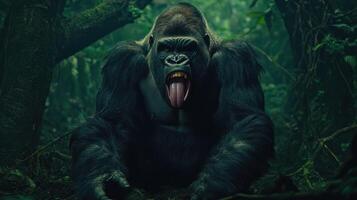 A large gorilla showing its tongue standing amongst lush green foliage photo