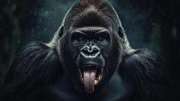 A close up portrait shows a dominant gorilla with open mouth photo