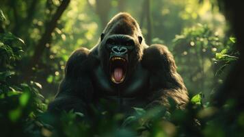 A large gorilla roars loudly in the dense green forest habitat photo