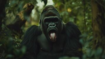 A large gorilla with its tongue extended in a green forest photo