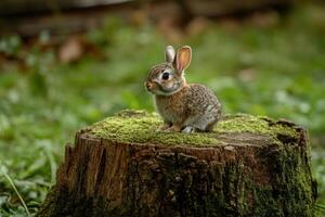 A small rabbit sitting on top of a stump photo
