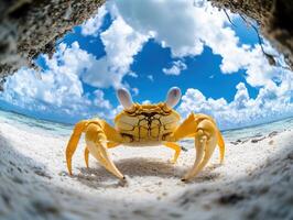 Bright Yellow Crab on Sandy Beach Under Blue Sky photo