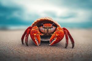 A vibrant red hermit crab in its seashell home on the beach photo