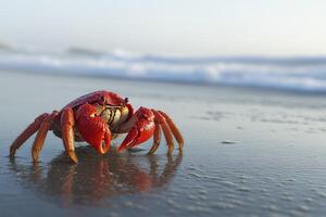 Red crab on a wet beach near ocean waves photo