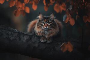 Majestic Maine Cat Posing on Autumn Branch photo