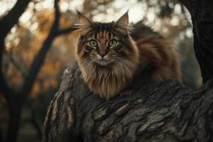 Longhaired tabby cat resting on a tree trunk photo