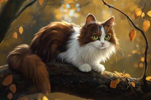 A Fluffy Brown And White Cat Sits On A Tree Branch In Autumn photo