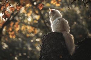 White Cat Sitting On Tree Stump Autumn Leaves photo