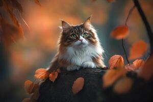 Fluffy Cat Among Autumn Leaves In The Woods photo