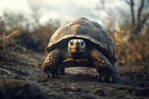 Giant Tortoise Walking Across Dry Land photo