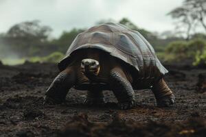 Galapagos Tortoise Walking Dark Volcanic Ground photo