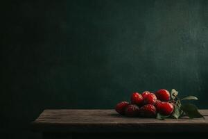 Red plums on rustic wooden table against dark background photo
