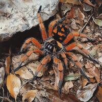 A Tarantula Spider Among Autumn Leaves And Rocks photo