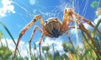 Large spider on web against a blue sky photo